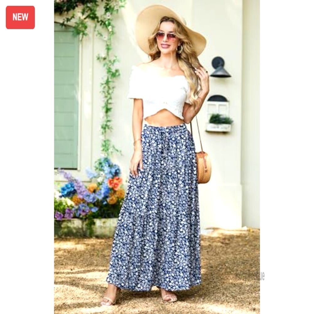 High Waisted Maxi Skirt with Pockets, Flowy Boho Floral Tiered Design for Summer - Picture 3 of 7